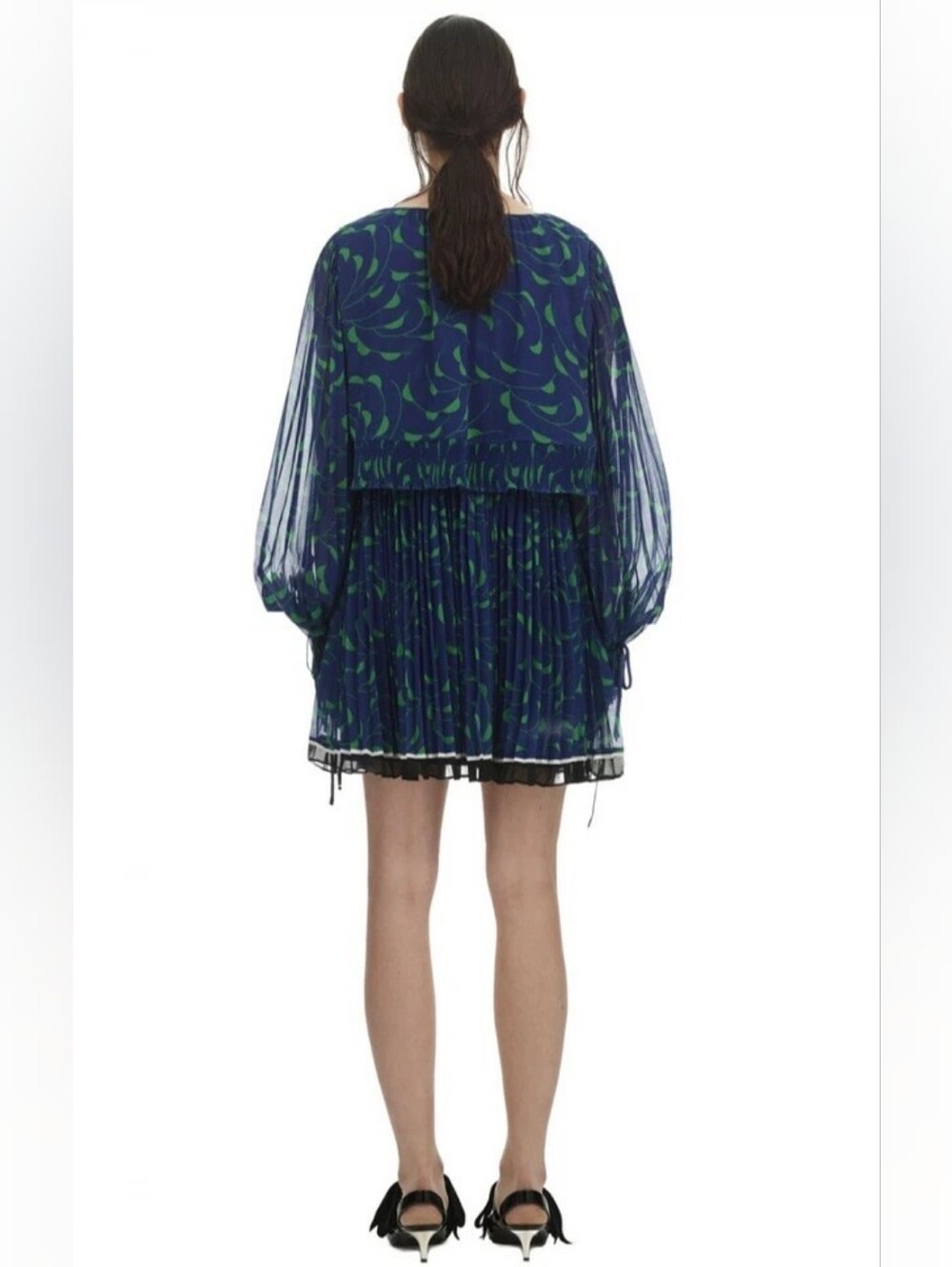 Self Portrait Crescent Chiffon Pleated Cape Dress Blue Green Mini Sz 4 Cocktail - Picture 2 of 15